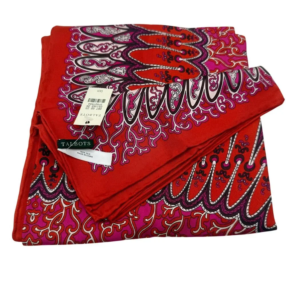 Talbots 100% Silk Scarf NWT Pink & Red Medallion Square Scarf 34